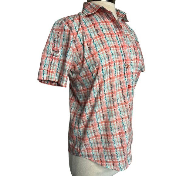 Adrian Delafield blouse medium plaid flowers short sleeve pocket collar - Picture 9 of 11